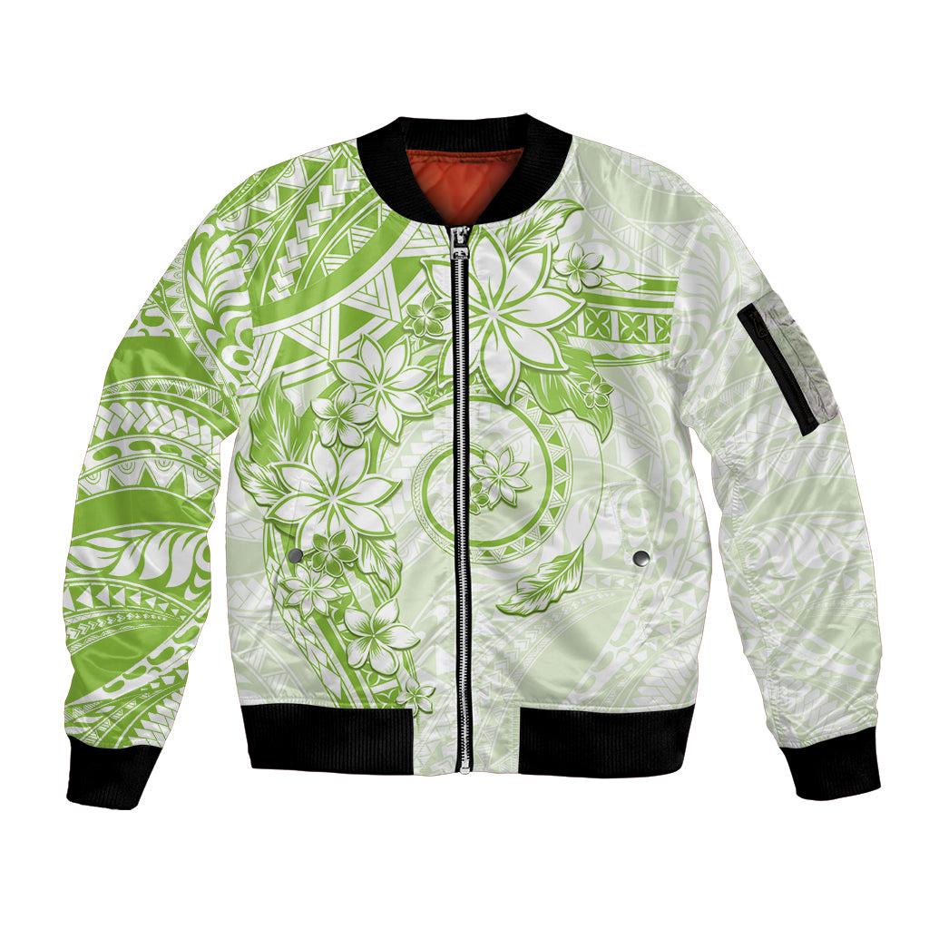 Polynesian Pattern With Plumeria Flowers Sleeve Zip Bomber Jacket Lime Green