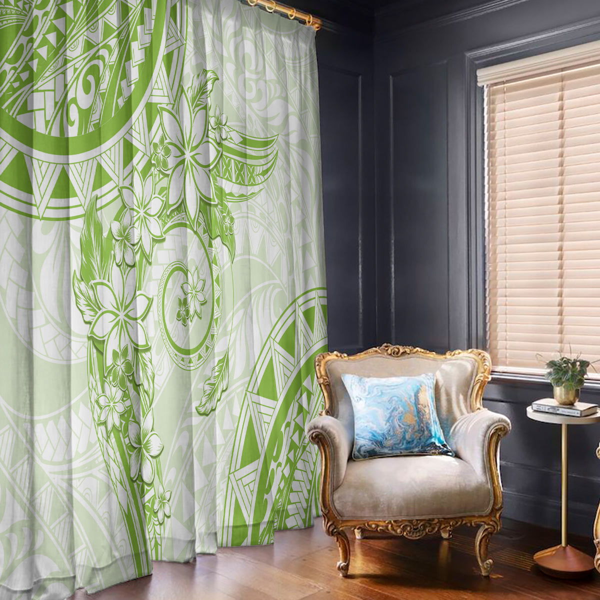 Polynesian Pattern With Plumeria Flowers Window Curtain Lime Green