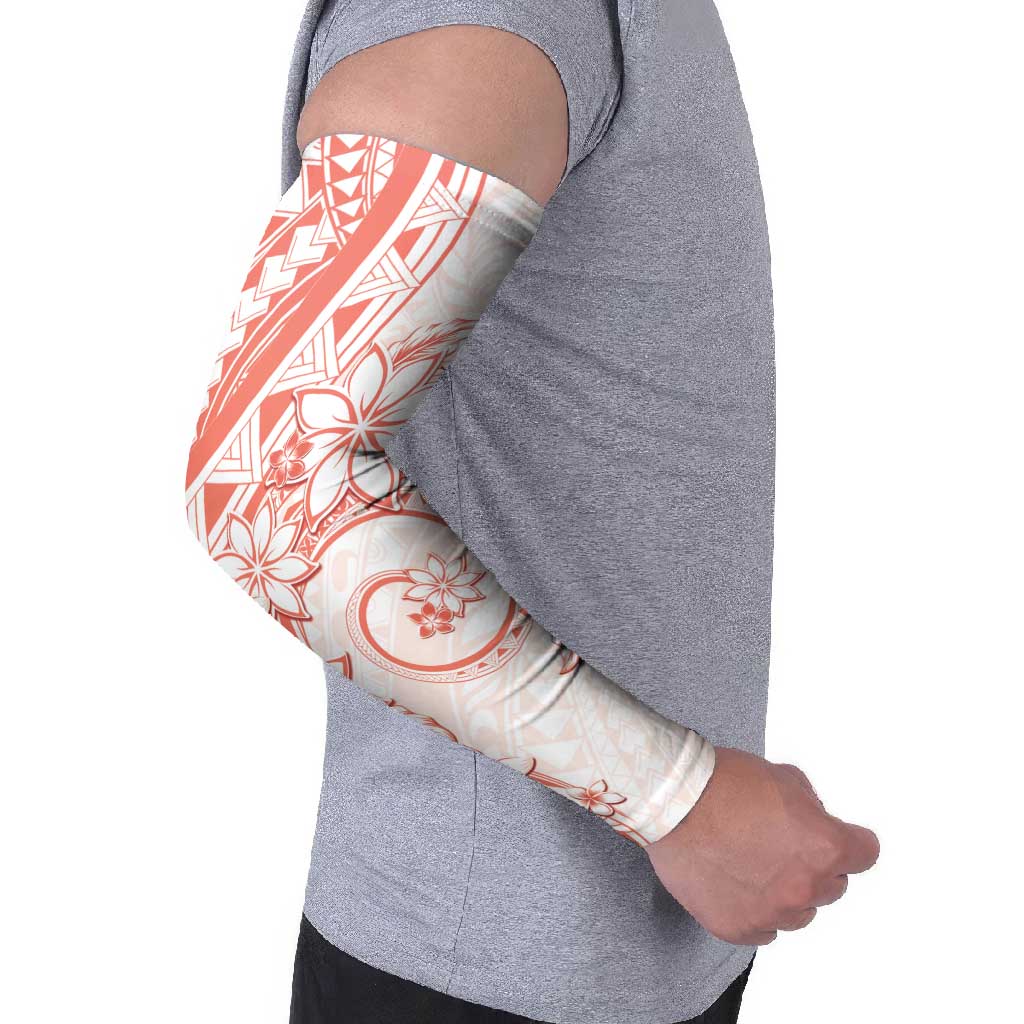 Polynesian Pattern With Plumeria Flowers Arm Sleeves Orange Peach - Polynesian Pride