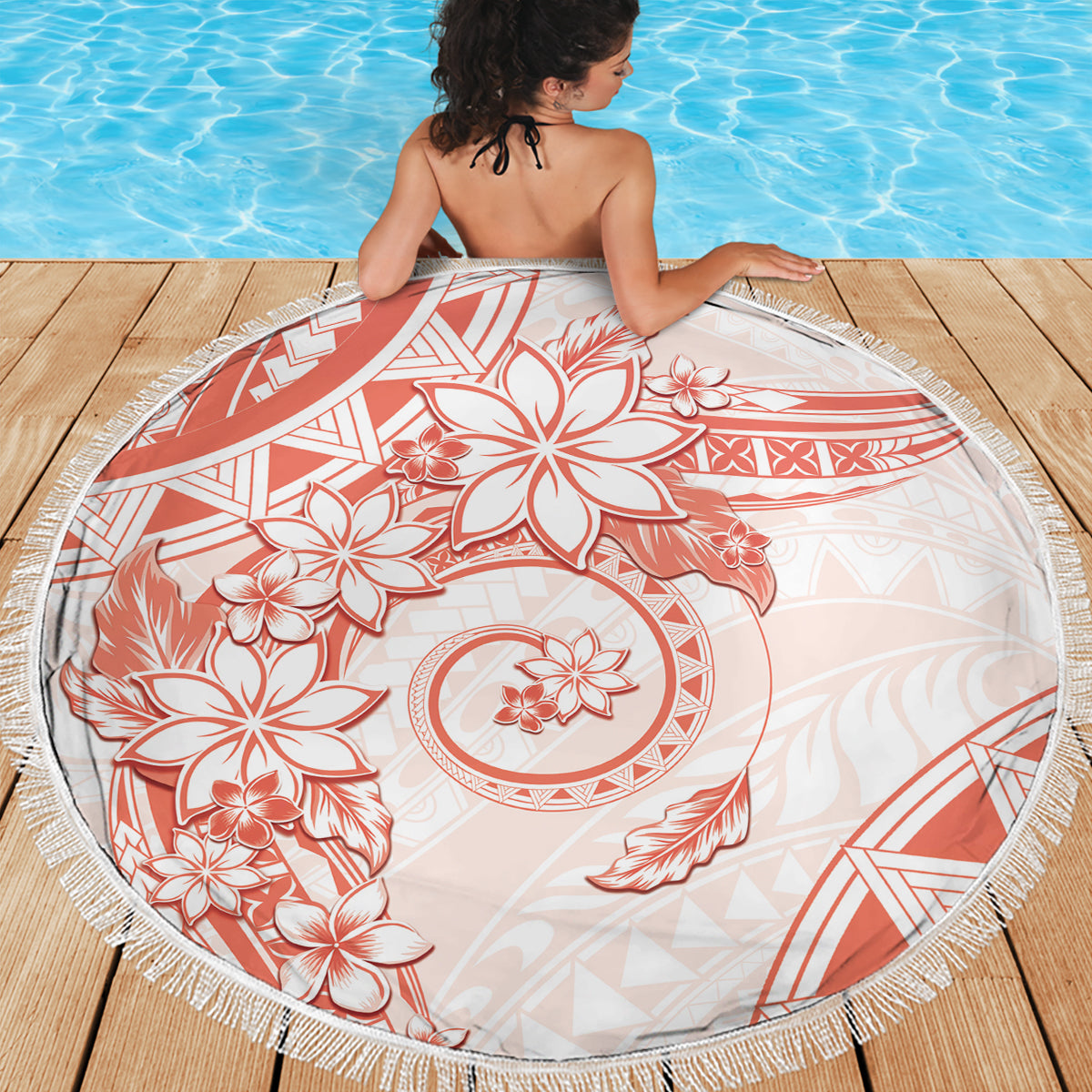 Polynesian Pattern With Plumeria Flowers Beach Blanket Orange Peach