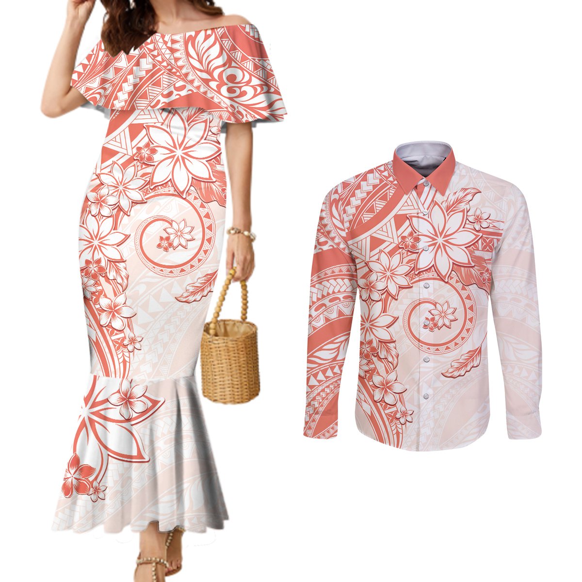 Polynesian Pattern With Plumeria Flowers Couples Matching Mermaid Dress and Long Sleeve Button Shirt Orange Peach