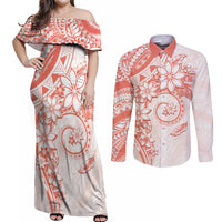 Polynesian Pattern With Plumeria Flowers Couples Matching Off Shoulder Maxi Dress and Long Sleeve Button Shirt Orange Peach
