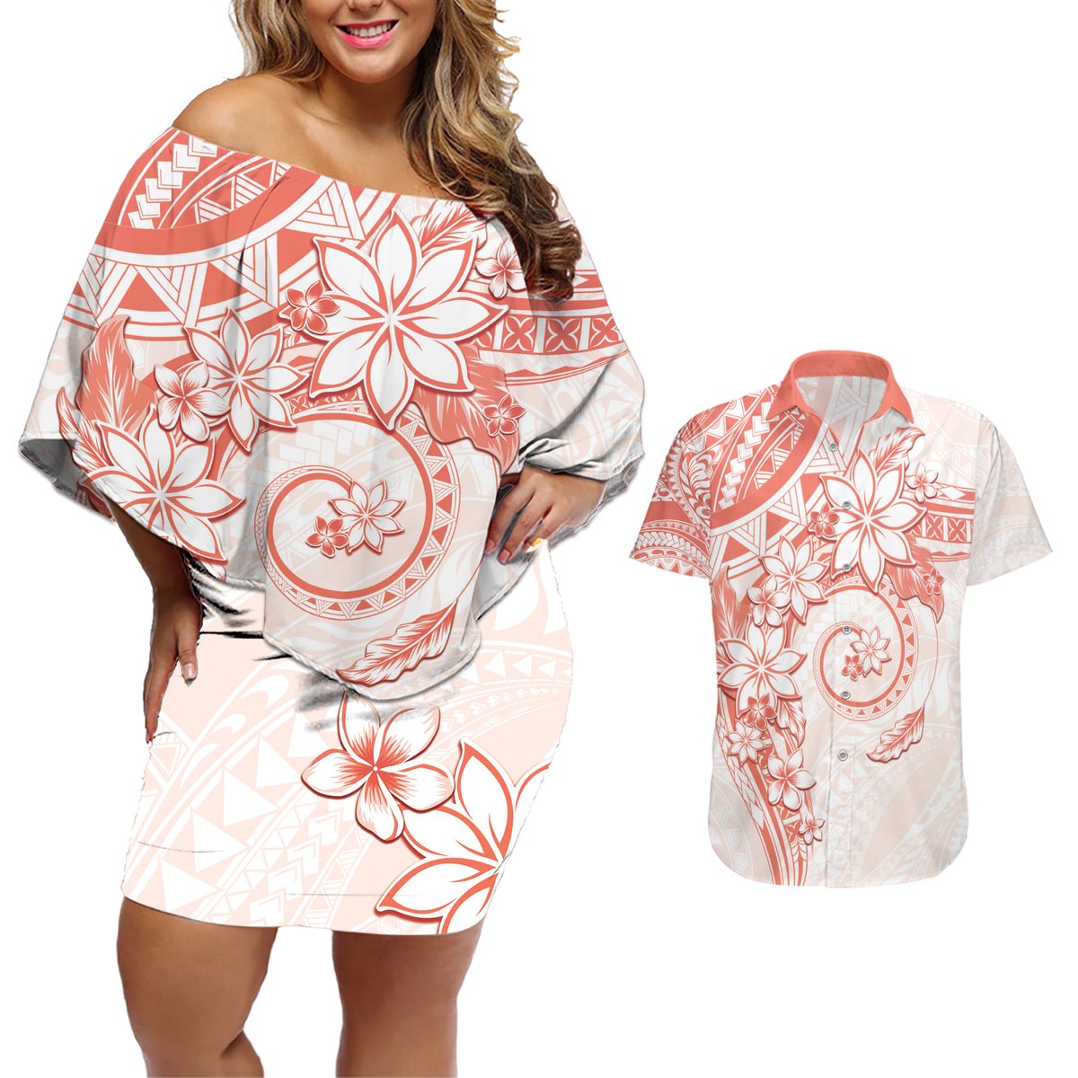 Polynesian Pattern With Plumeria Flowers Couples Matching Off Shoulder Short Dress and Hawaiian Shirt Orange Peach
