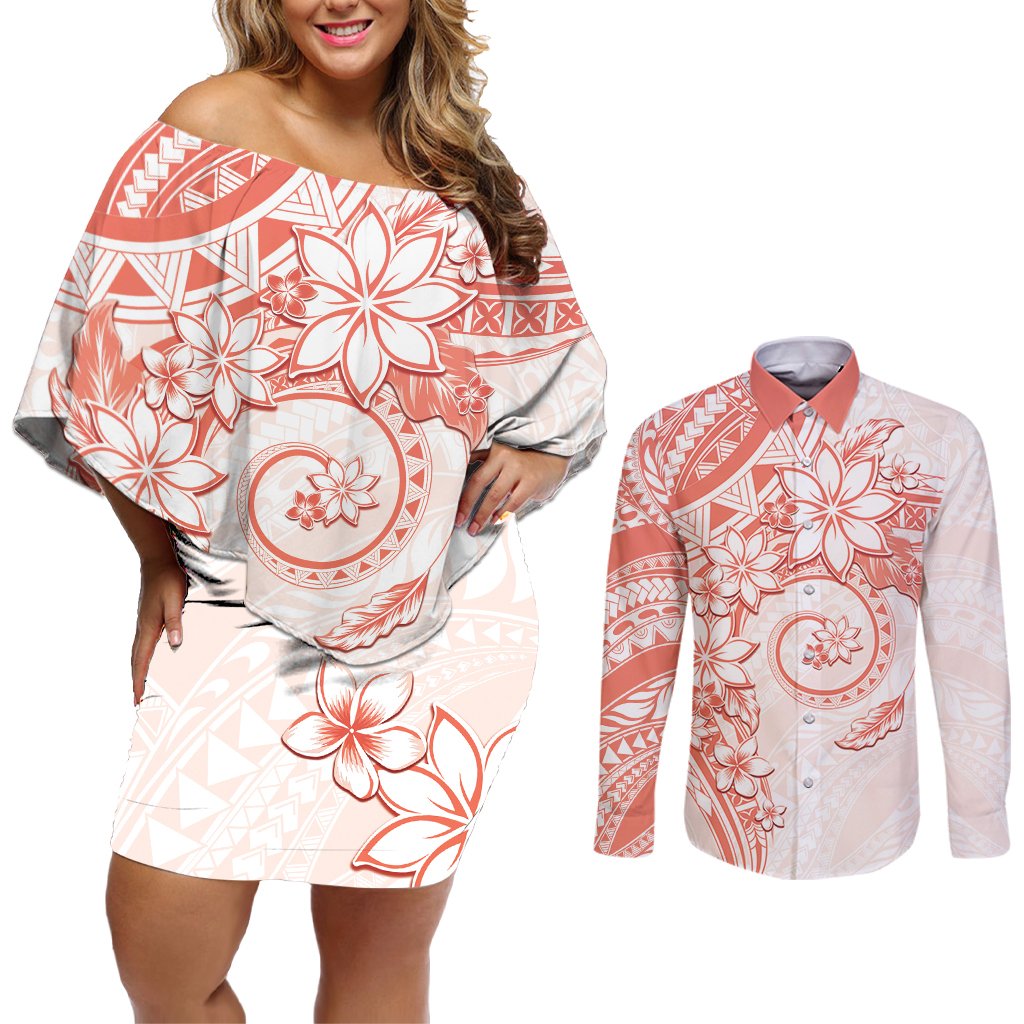 Polynesian Pattern With Plumeria Flowers Couples Matching Off Shoulder Short Dress and Long Sleeve Button Shirt Orange Peach