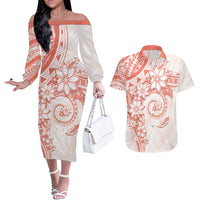 Polynesian Pattern With Plumeria Flowers Couples Matching Off The Shoulder Long Sleeve Dress and Hawaiian Shirt Orange Peach