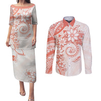 Polynesian Pattern With Plumeria Flowers Couples Matching Puletasi and Long Sleeve Button Shirt Orange Peach LT05 Peach - Polynesian Pride