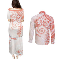 Polynesian Pattern With Plumeria Flowers Couples Matching Puletasi and Long Sleeve Button Shirt Orange Peach LT05 - Polynesian Pride