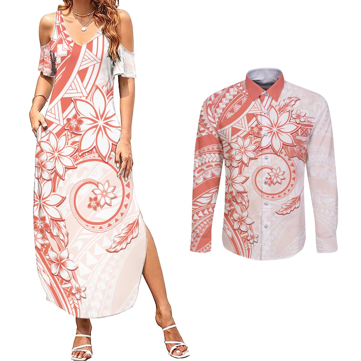 Polynesian Pattern With Plumeria Flowers Couples Matching Summer Maxi Dress and Long Sleeve Button Shirt Orange Peach