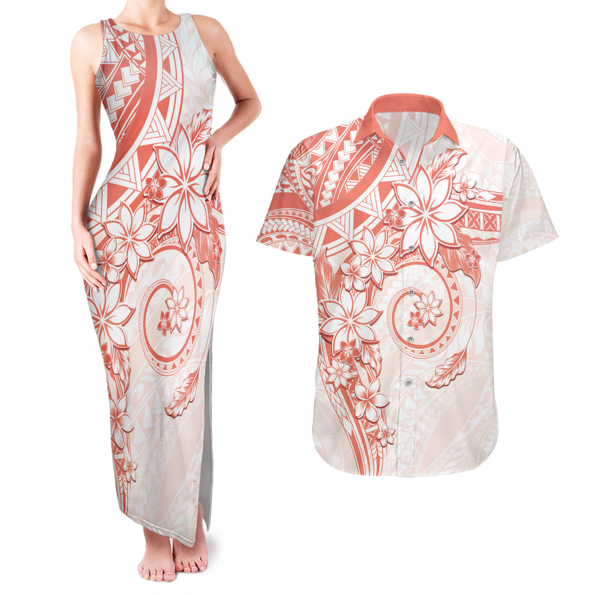 Polynesian Pattern With Plumeria Flowers Couples Matching Tank Maxi Dress and Hawaiian Shirt Orange Peach