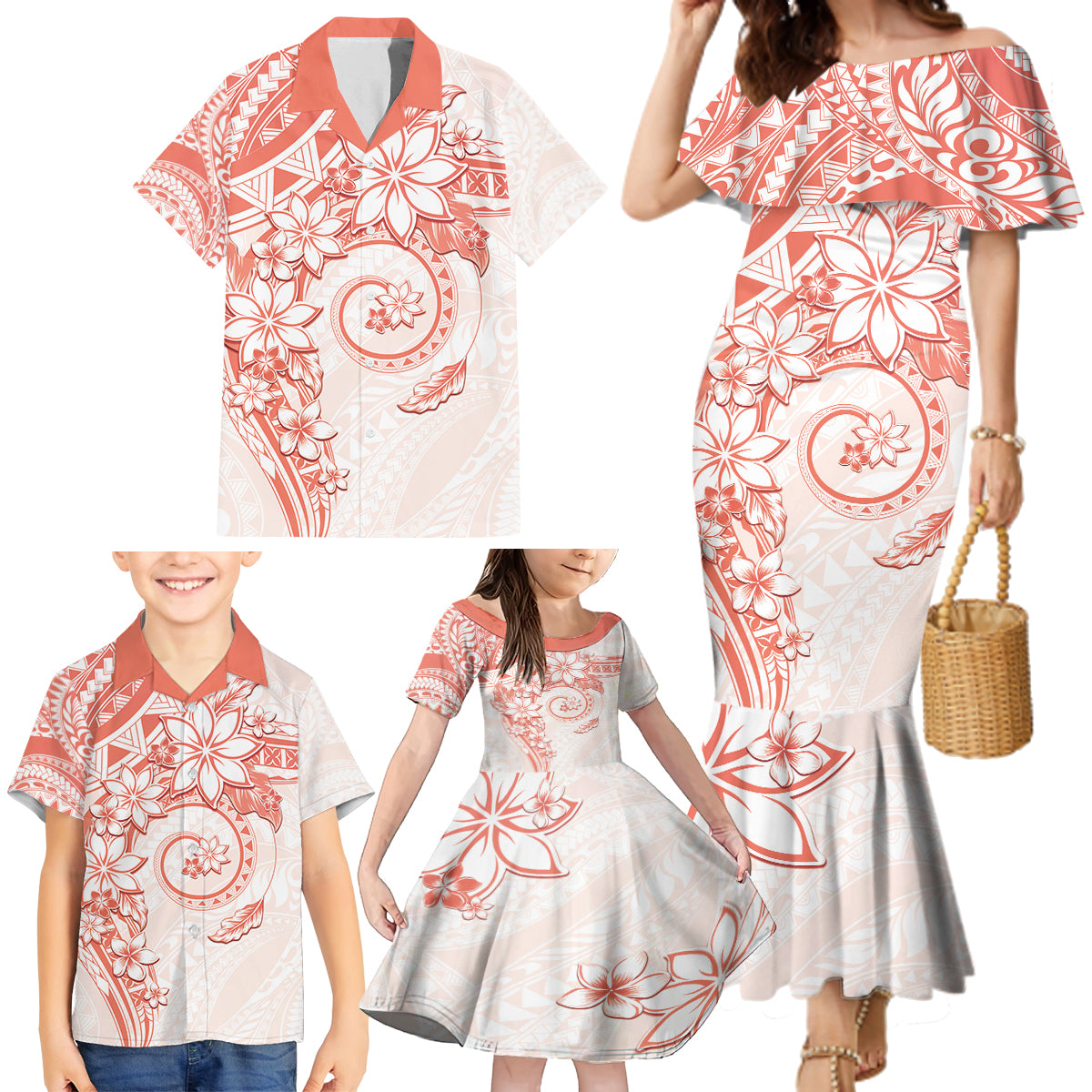 Polynesian Pattern With Plumeria Flowers Family Matching Mermaid Dress and Hawaiian Shirt Orange Peach