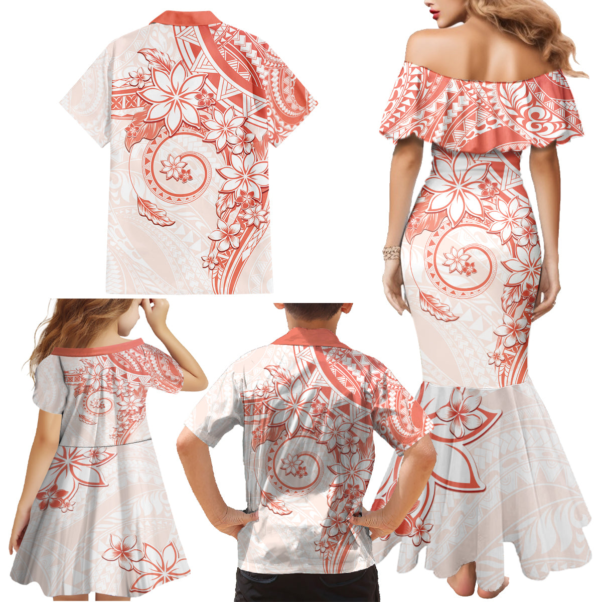 Polynesian Pattern With Plumeria Flowers Family Matching Mermaid Dress and Hawaiian Shirt Orange Peach