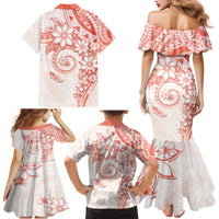 Polynesian Pattern With Plumeria Flowers Family Matching Mermaid Dress and Hawaiian Shirt Orange Peach