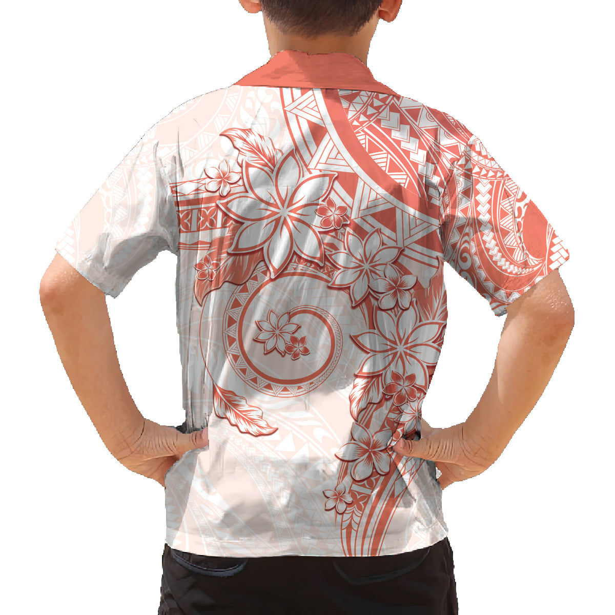 Polynesian Pattern With Plumeria Flowers Family Matching Off Shoulder Short Dress and Hawaiian Shirt Orange Peach