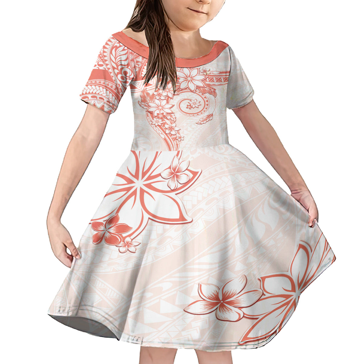 Polynesian Pattern With Plumeria Flowers Family Matching Off Shoulder Short Dress and Hawaiian Shirt Orange Peach