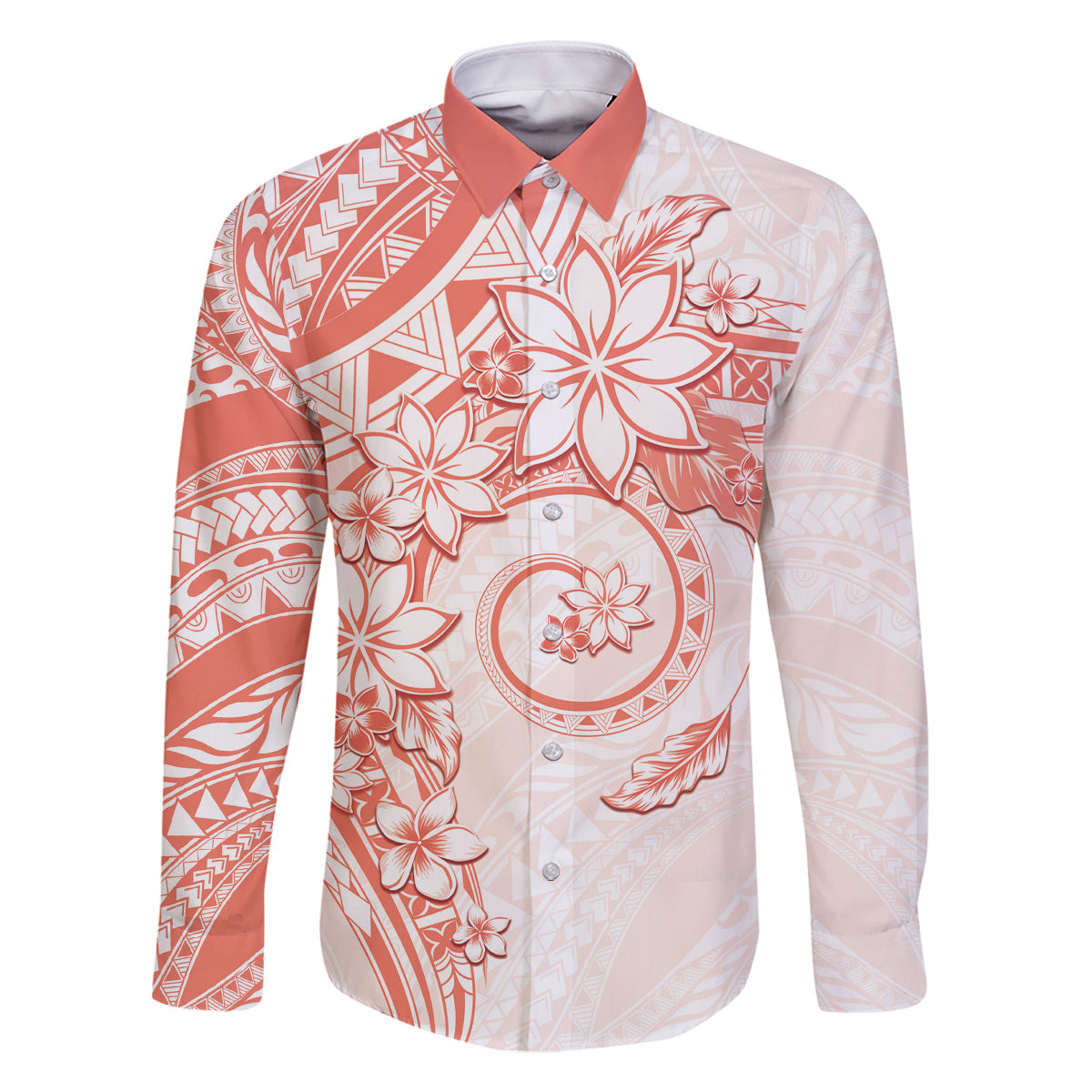 Polynesian Pattern With Plumeria Flowers Family Matching Tank Maxi Dress and Hawaiian Shirt Orange Peach