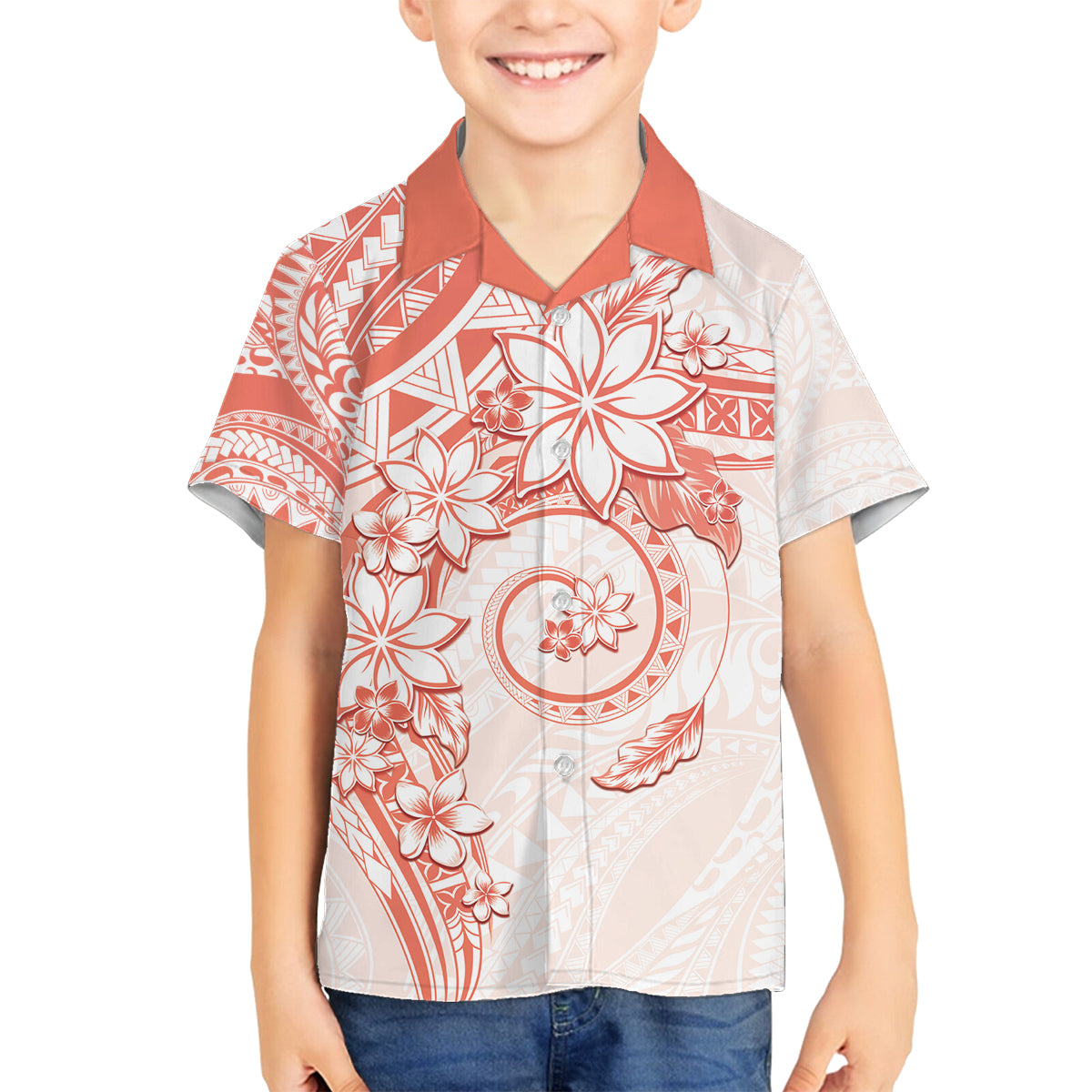 Polynesian Pattern With Plumeria Flowers Family Matching Tank Maxi Dress and Hawaiian Shirt Orange Peach