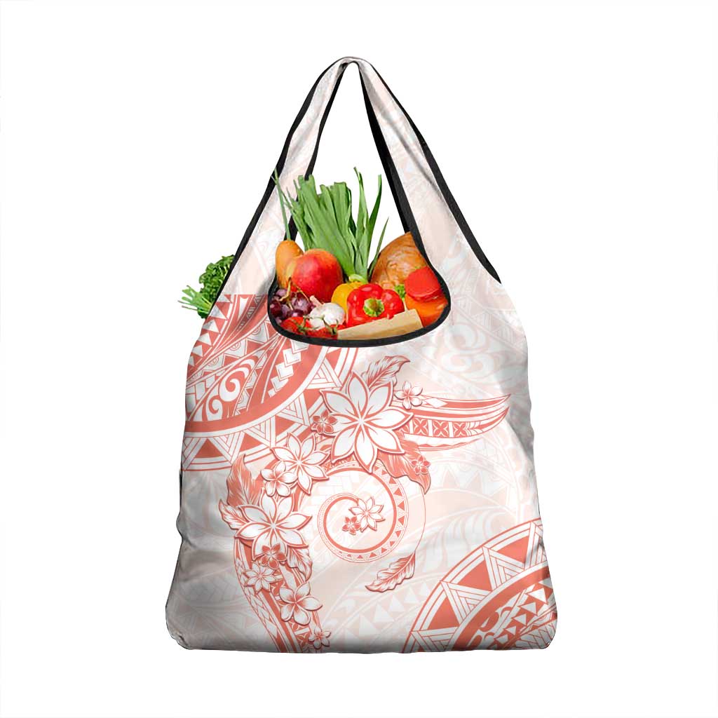 Polynesian Pattern With Plumeria Flowers Grocery Bag Orange Peach