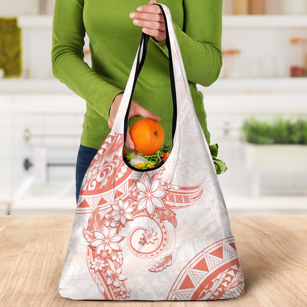 Polynesian Pattern With Plumeria Flowers Grocery Bag Orange Peach
