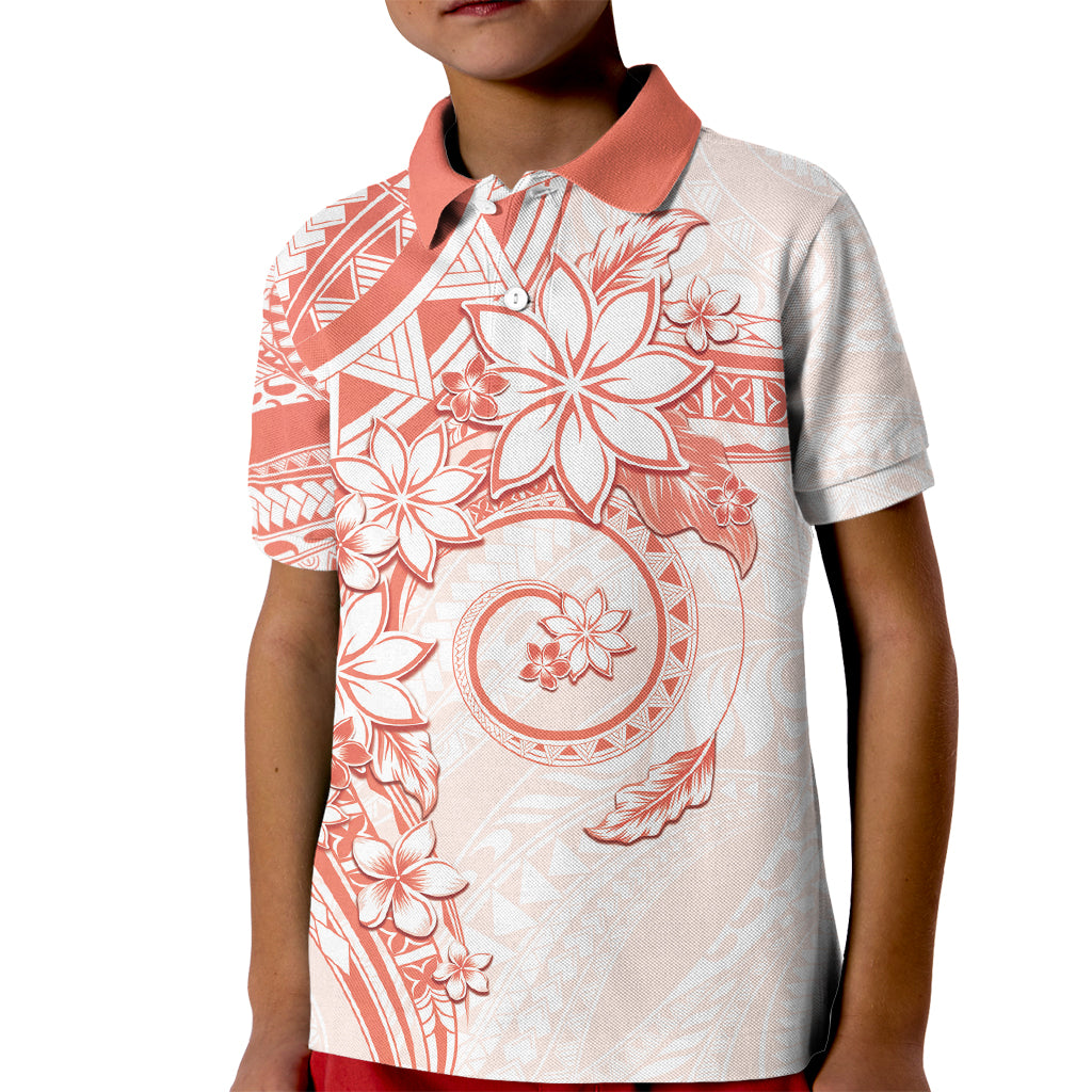 Polynesian Pattern With Plumeria Flowers Kid Polo Shirt Orange Peach