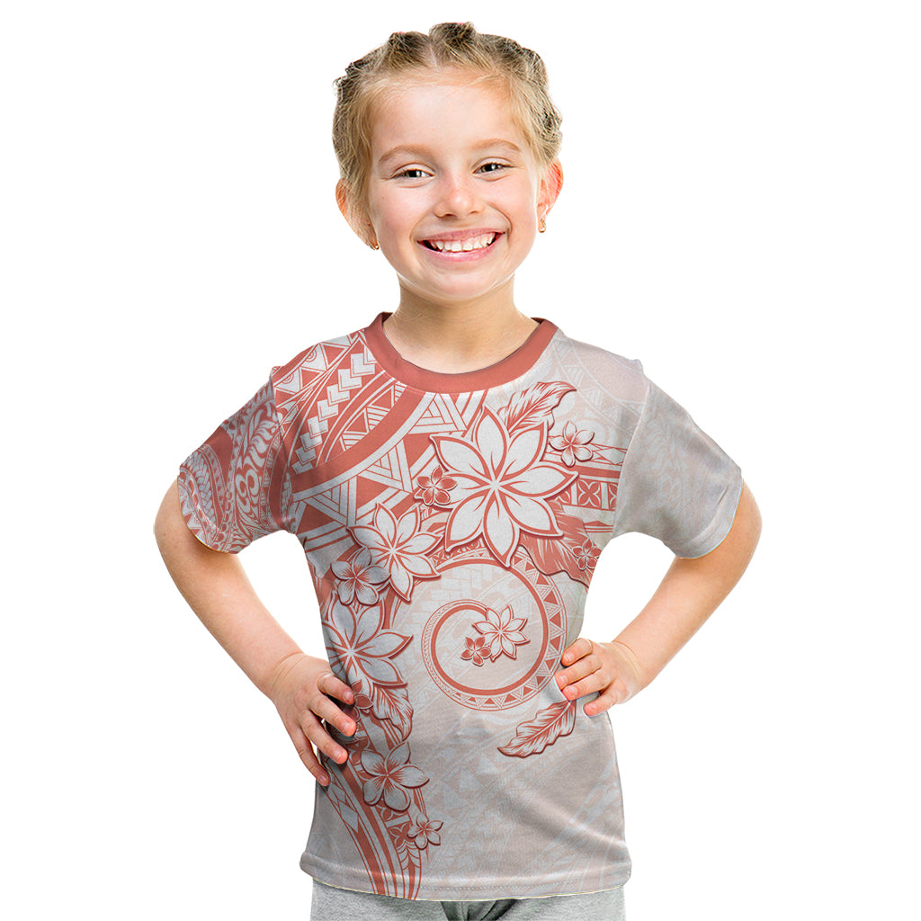 Polynesian Pattern With Plumeria Flowers Kid T Shirt Orange Peach