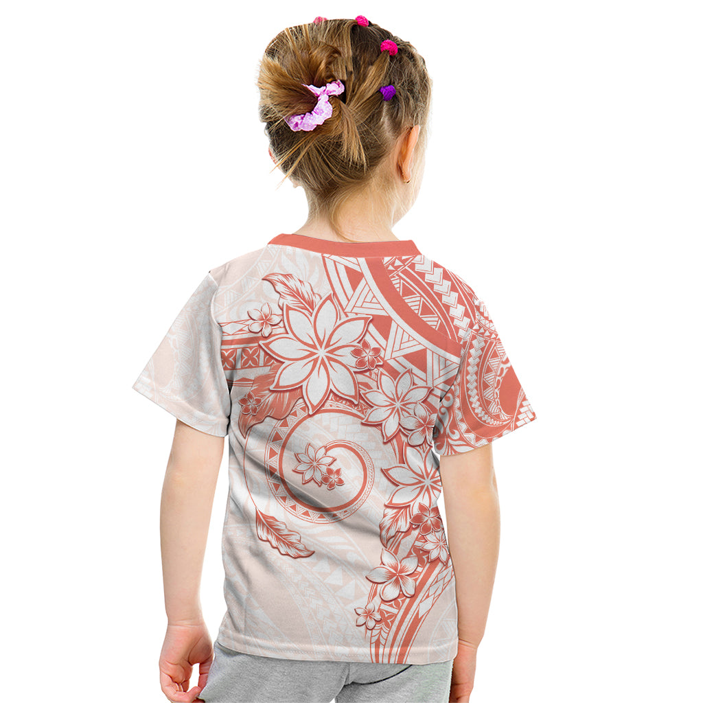 Polynesian Pattern With Plumeria Flowers Kid T Shirt Orange Peach