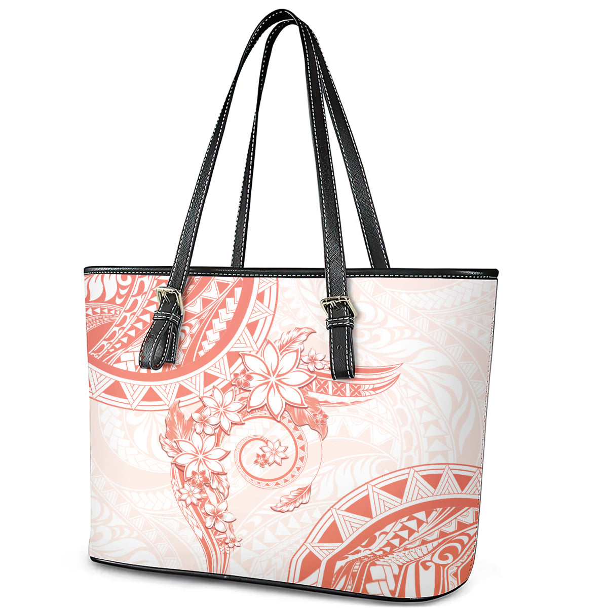 Polynesian Pattern With Plumeria Flowers Leather Tote Bag Orange Peach