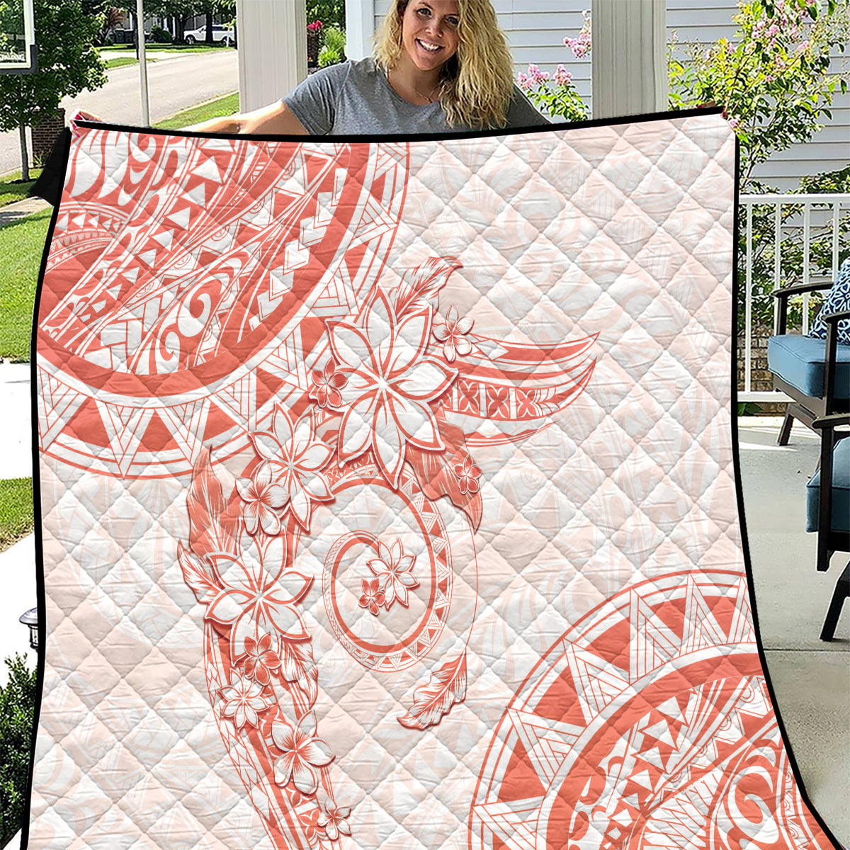 Polynesian Pattern With Plumeria Flowers Quilt Orange Peach LT05 Peach - Polynesian Pride