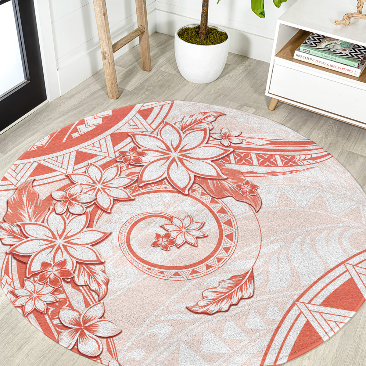 Polynesian Pattern With Plumeria Flowers Round Carpet Orange Peach LT05 Peach - Polynesian Pride