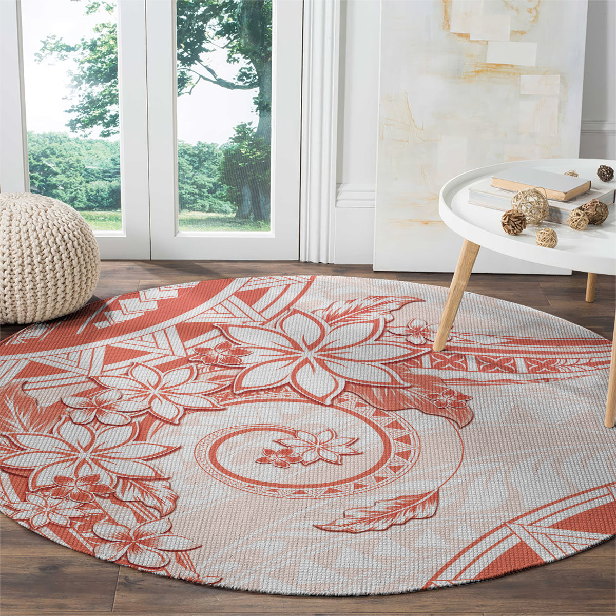 Polynesian Pattern With Plumeria Flowers Round Carpet Orange Peach LT05 - Polynesian Pride