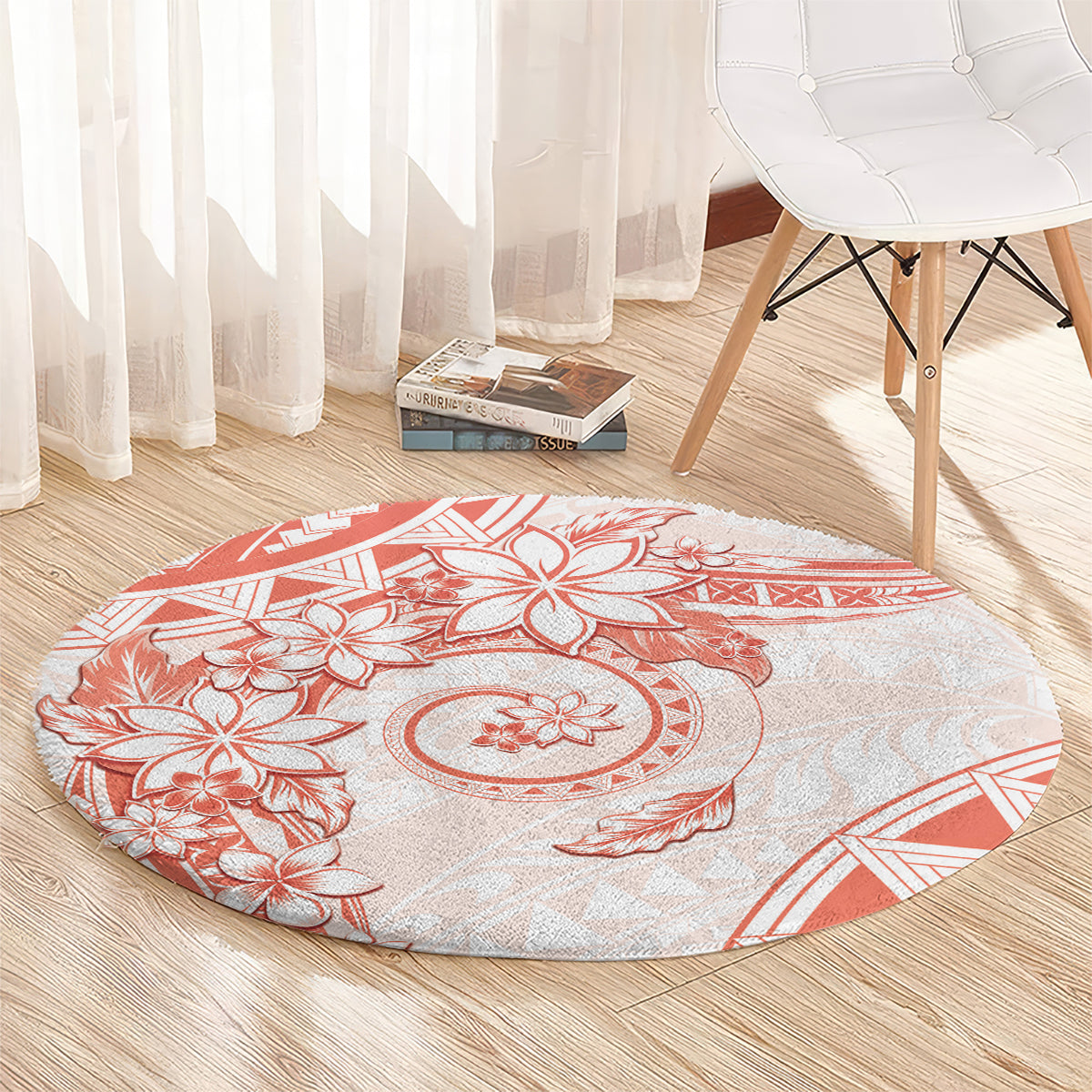 Polynesian Pattern With Plumeria Flowers Round Carpet Orange Peach LT05 - Polynesian Pride