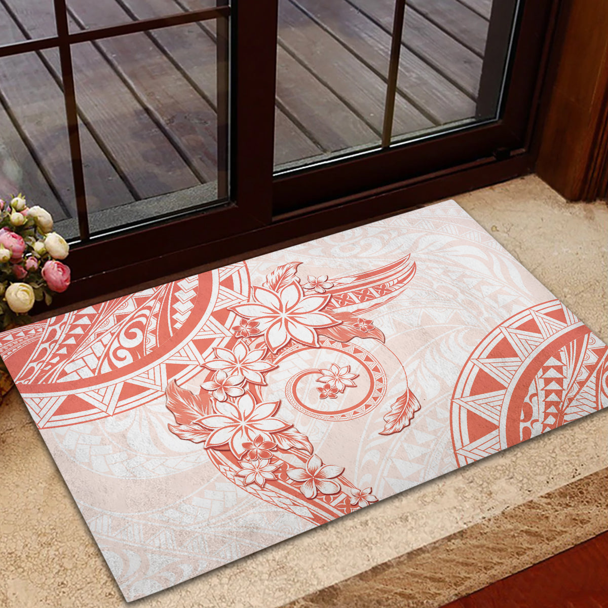 Polynesian Pattern With Plumeria Flowers Rubber Doormat Orange Peach