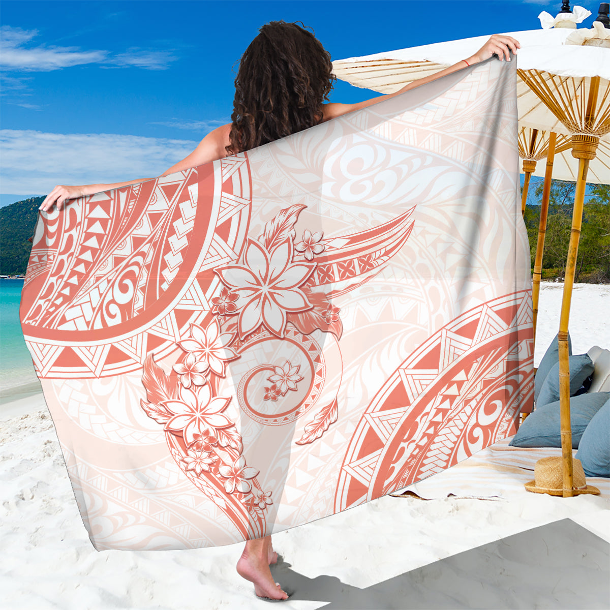 Polynesian Pattern With Plumeria Flowers Sarong Orange Peach LT05 One Size 44 x 66 inches Peach - Polynesian Pride