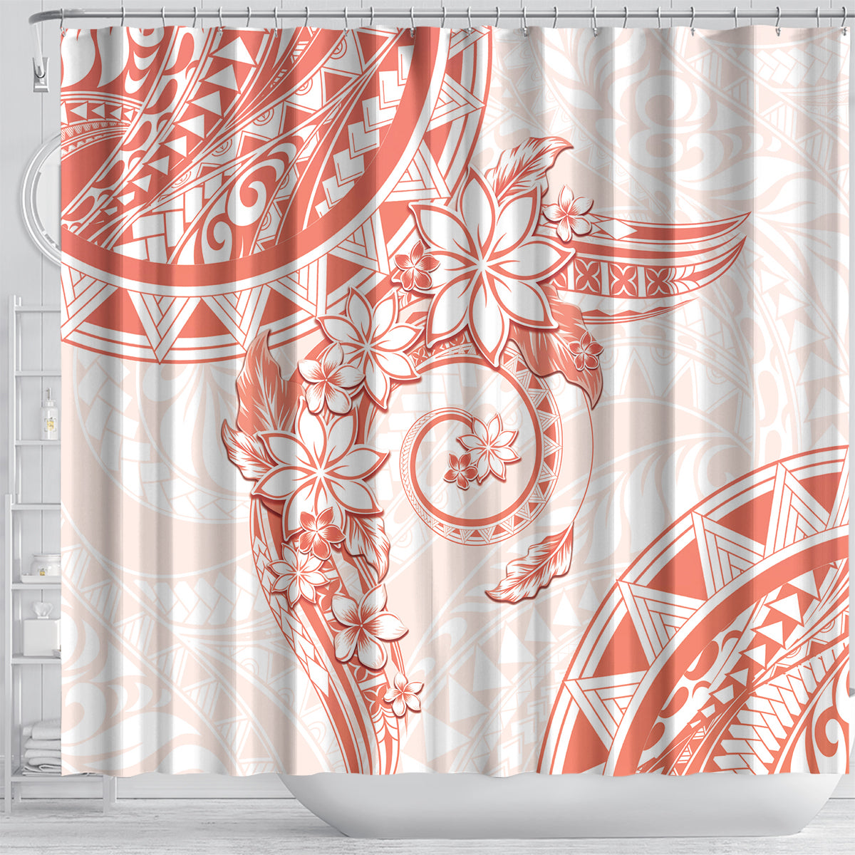 Polynesian Pattern With Plumeria Flowers Shower Curtain Orange Peach