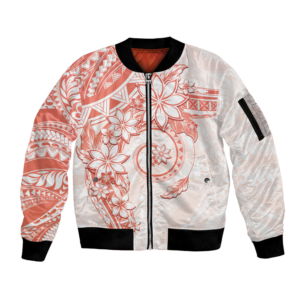 Polynesian Pattern With Plumeria Flowers Sleeve Zip Bomber Jacket Orange Peach