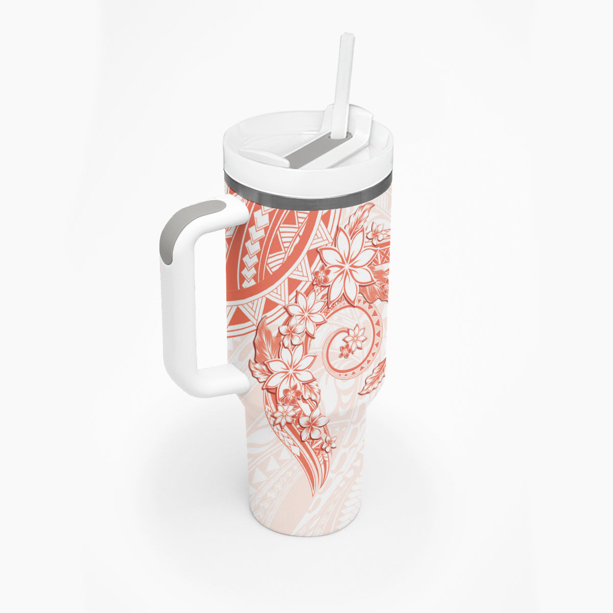 Orange Peach Polynesian Pattern With Plumeria Flowers Tumbler With Handle