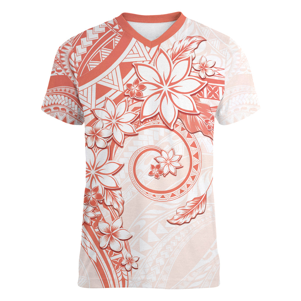 Polynesian Pattern With Plumeria Flowers Women V-Neck T-Shirt Orange Peach