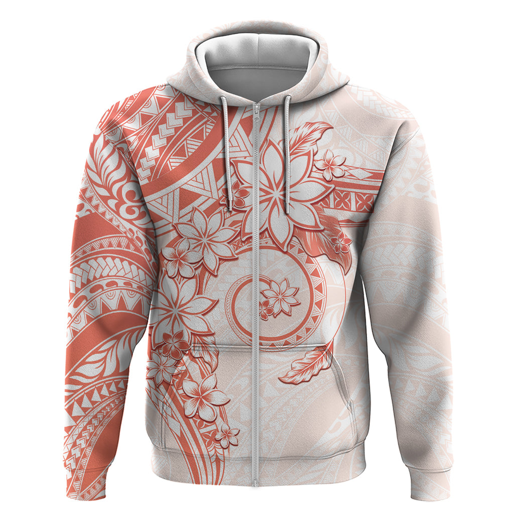Polynesian Pattern With Plumeria Flowers Zip Hoodie Orange Peach