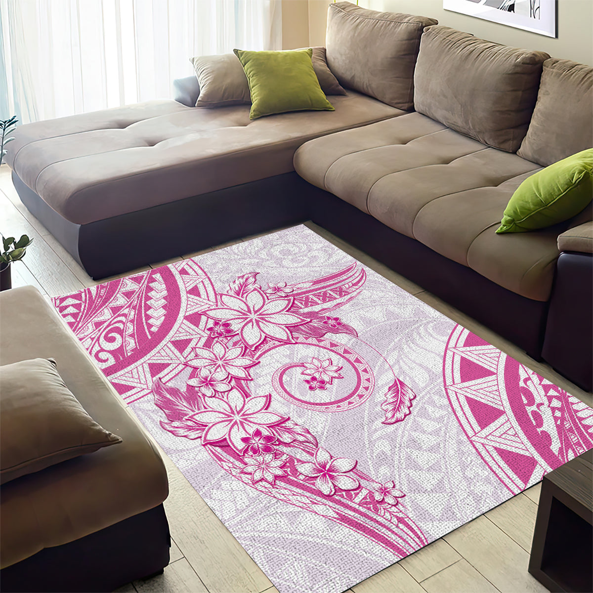 Polynesian Pattern With Plumeria Flowers Area Rug Pink