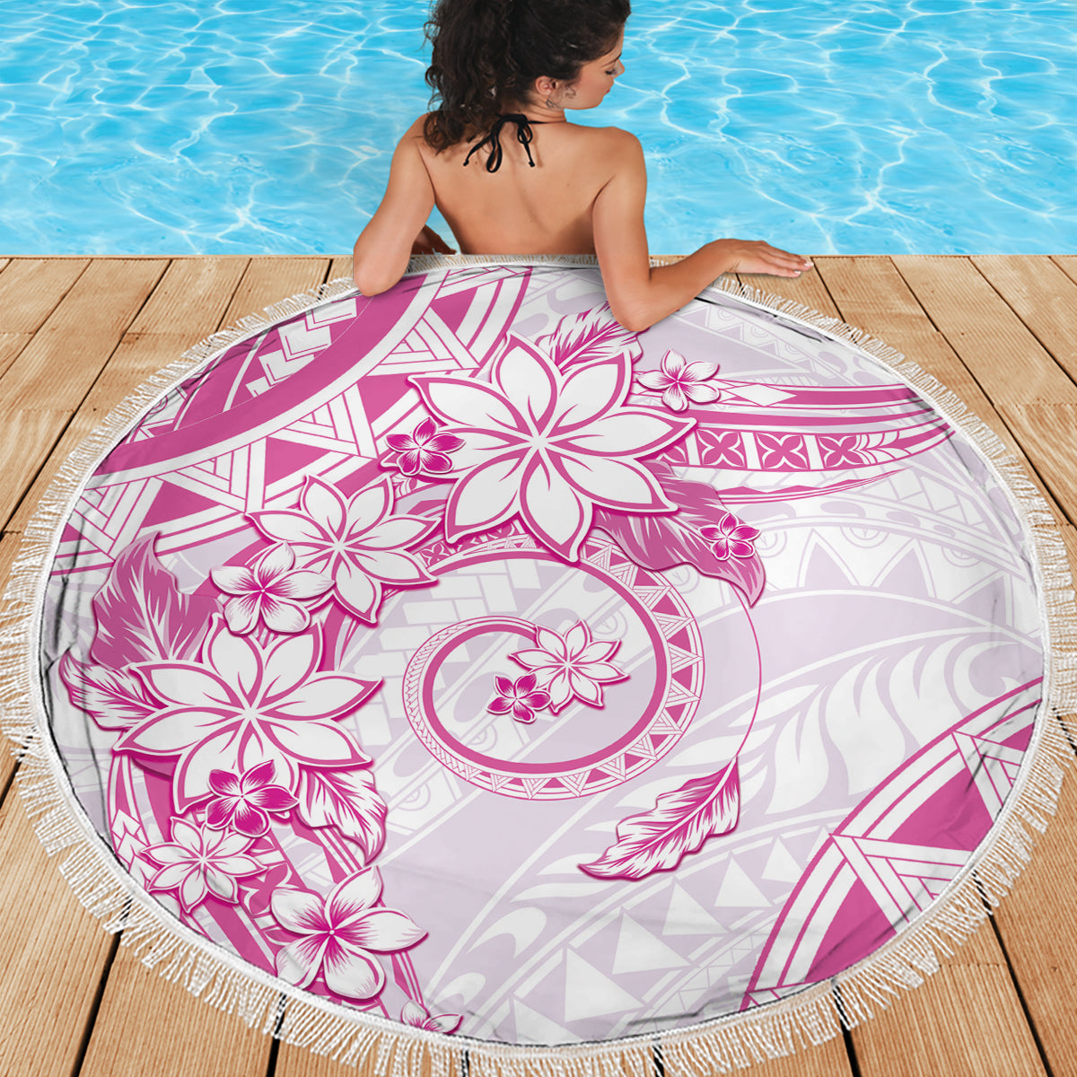 Polynesian Pattern With Plumeria Flowers Beach Blanket Pink