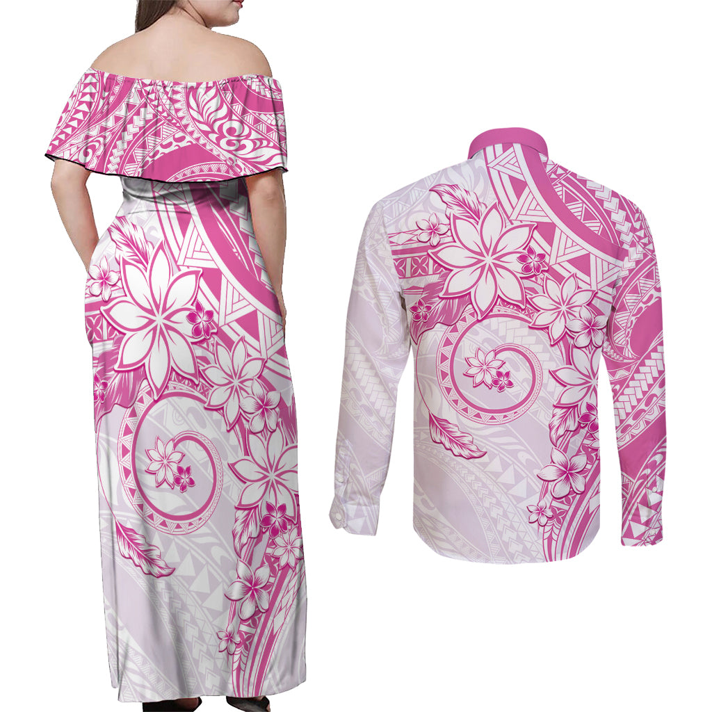 Polynesian Pattern With Plumeria Flowers Couples Matching Off Shoulder Maxi Dress and Long Sleeve Button Shirt Pink