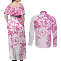 Polynesian Pattern With Plumeria Flowers Couples Matching Off Shoulder Maxi Dress and Long Sleeve Button Shirt Pink