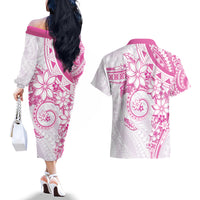 Polynesian Pattern With Plumeria Flowers Couples Matching Off The Shoulder Long Sleeve Dress and Hawaiian Shirt Pink