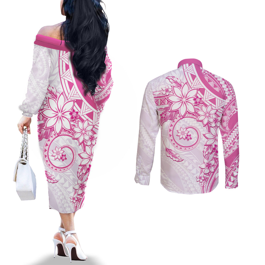 Polynesian Pattern With Plumeria Flowers Couples Matching Off The Shoulder Long Sleeve Dress and Long Sleeve Button Shirt Pink