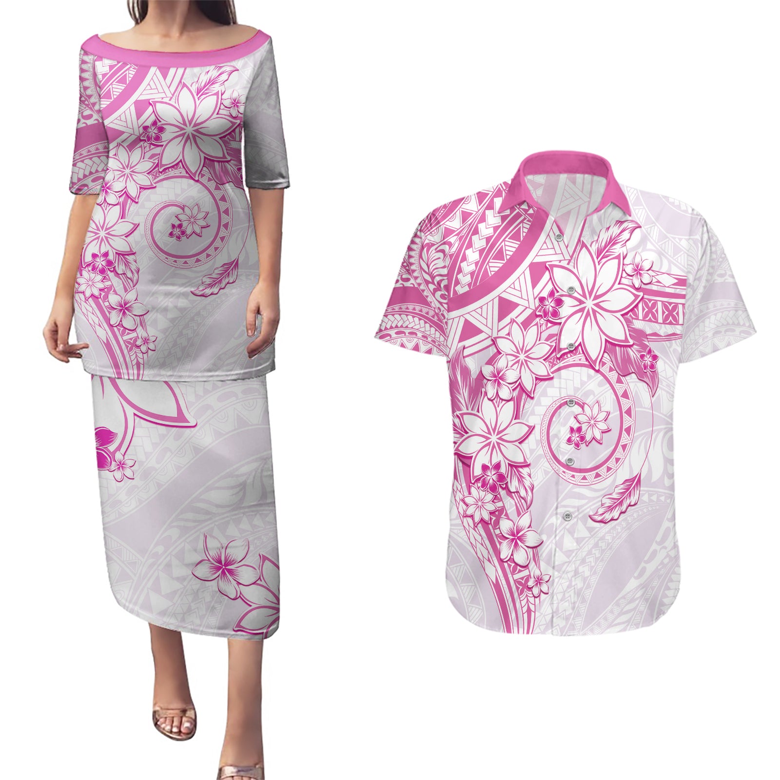 Polynesian Pattern With Plumeria Flowers Couples Matching Puletasi and Hawaiian Shirt Pink