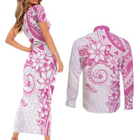 Polynesian Pattern With Plumeria Flowers Couples Matching Short Sleeve Bodycon Dress and Long Sleeve Button Shirt Pink