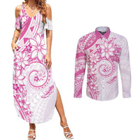 Polynesian Pattern With Plumeria Flowers Couples Matching Summer Maxi Dress and Long Sleeve Button Shirt Pink LT05 Pink - Polynesian Pride