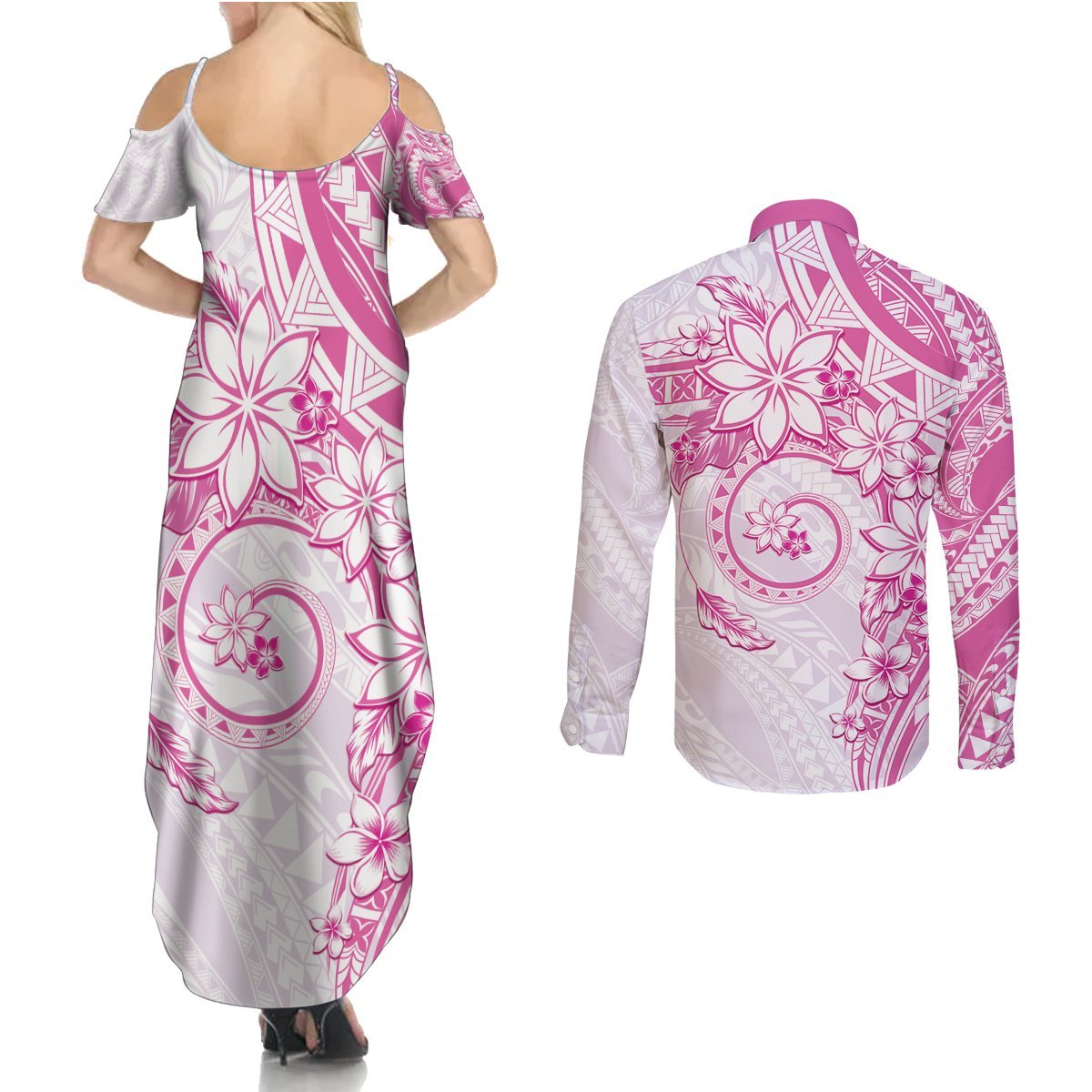 Polynesian Pattern With Plumeria Flowers Couples Matching Summer Maxi Dress and Long Sleeve Button Shirt Pink LT05 - Polynesian Pride