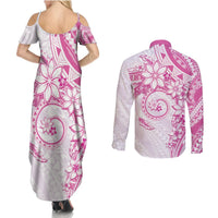 Polynesian Pattern With Plumeria Flowers Couples Matching Summer Maxi Dress and Long Sleeve Button Shirt Pink LT05 - Polynesian Pride
