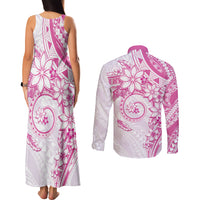 Polynesian Pattern With Plumeria Flowers Couples Matching Tank Maxi Dress and Long Sleeve Button Shirt Pink