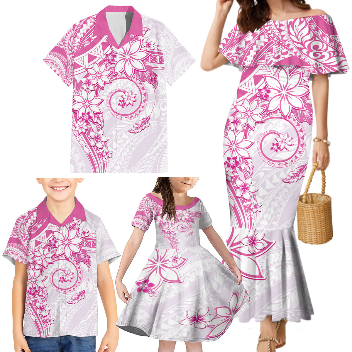 Polynesian Pattern With Plumeria Flowers Family Matching Mermaid Dress and Hawaiian Shirt Pink